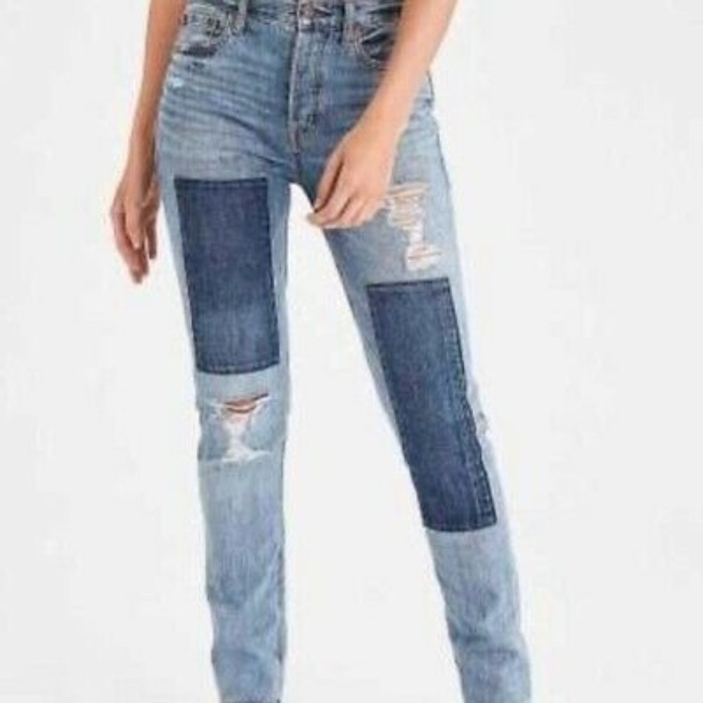 American Eagle Woman's Sz 6 Vintage Hi- Rise Slim Patchwork Button Fly Jeans